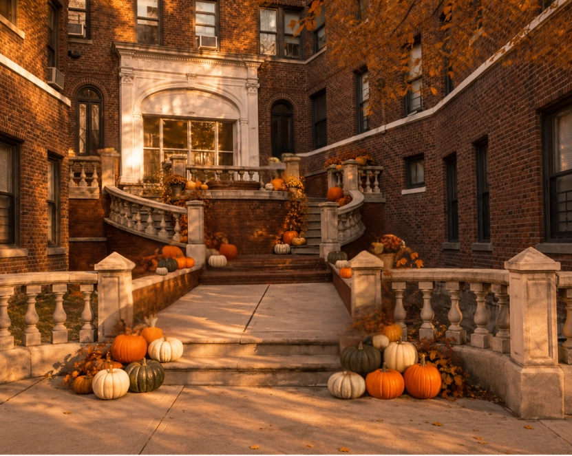 Bronx courtyard with stoop pumpkins