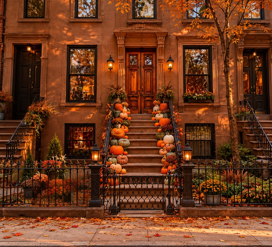 NYC brownstone stoop with pumpkins