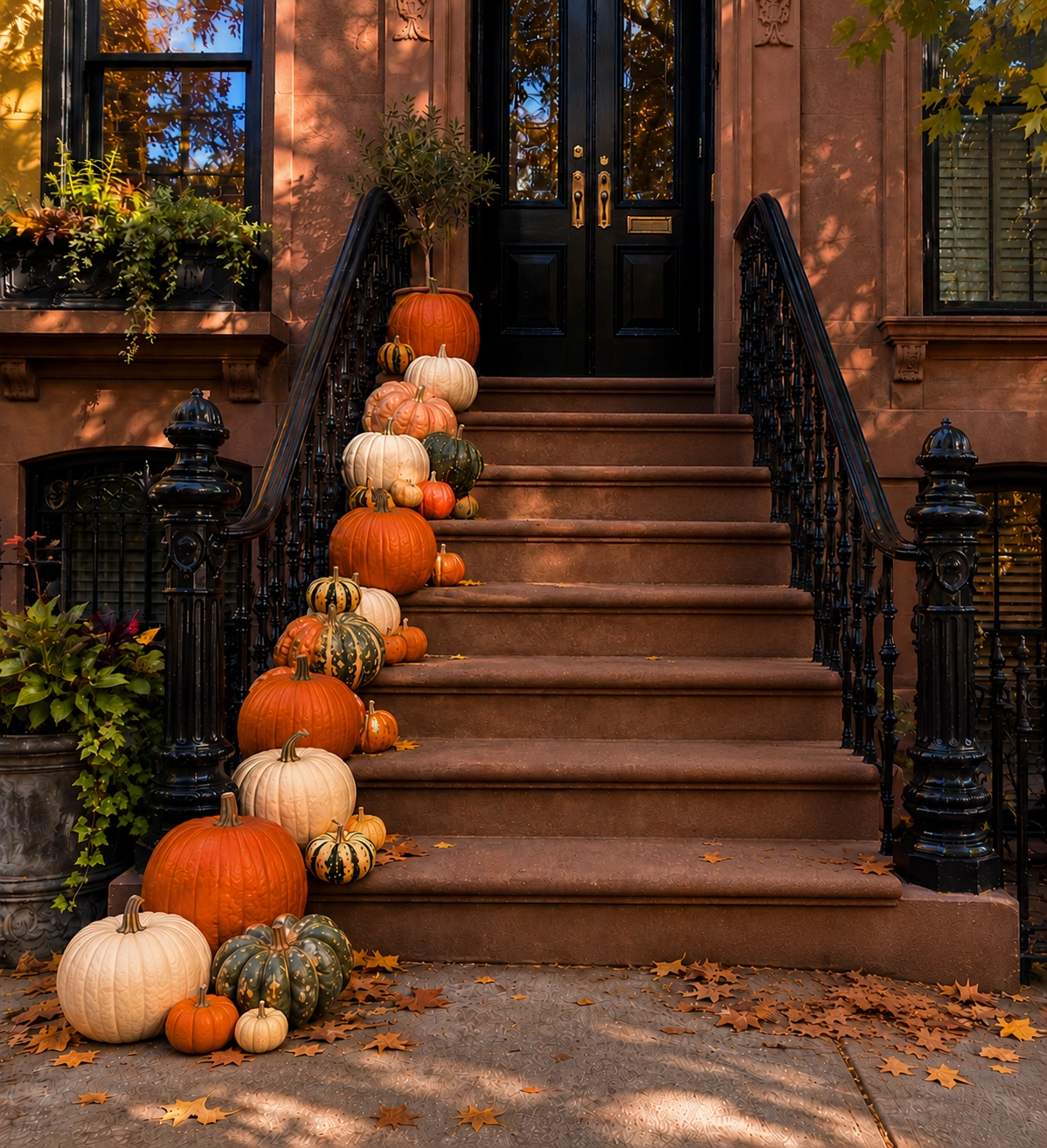 NYC brownstone stoop with pumpkins on one side