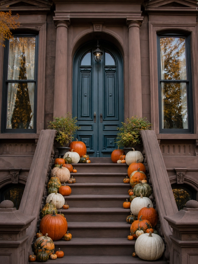 Package 2 classic pumpkin display NYC brownstone stoop