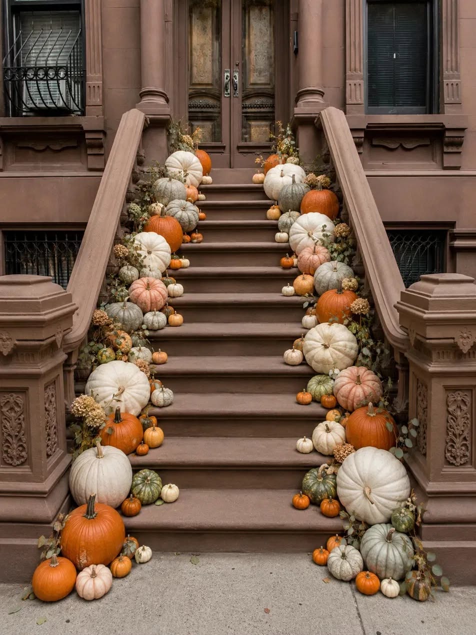 Brooklyn NY brownstone stoop decorated with heirloom pumpkins and floral arrangement — Stoop Pumpkins New York City