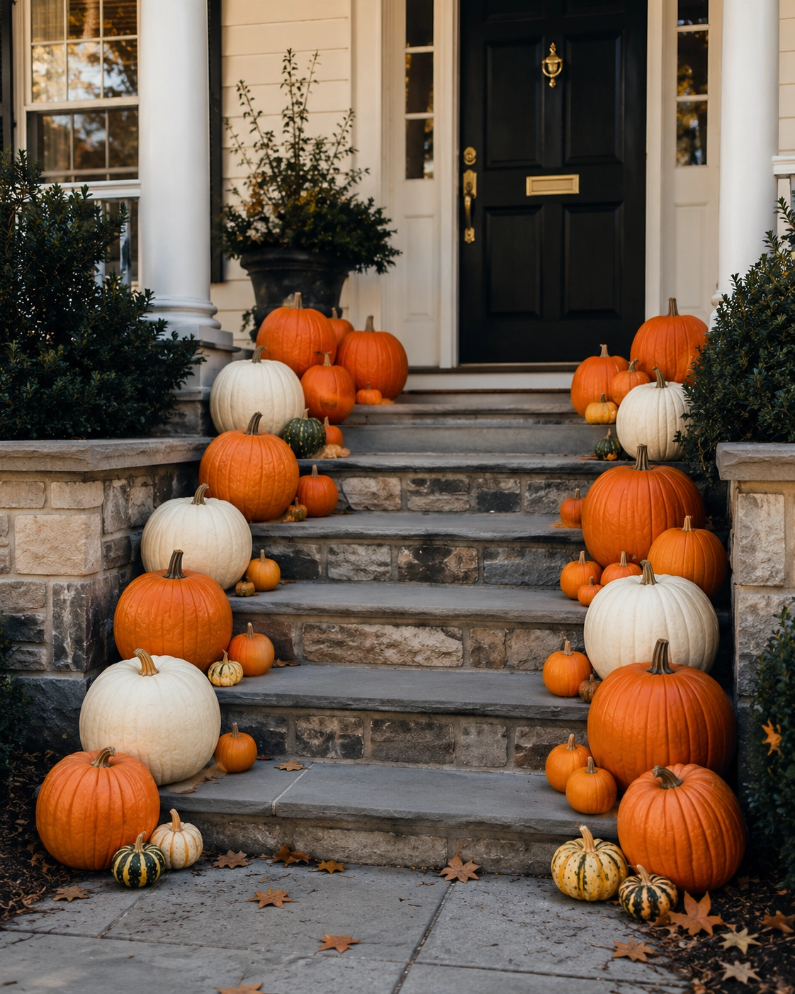 Westchester colonial porch with stoop pumpkins